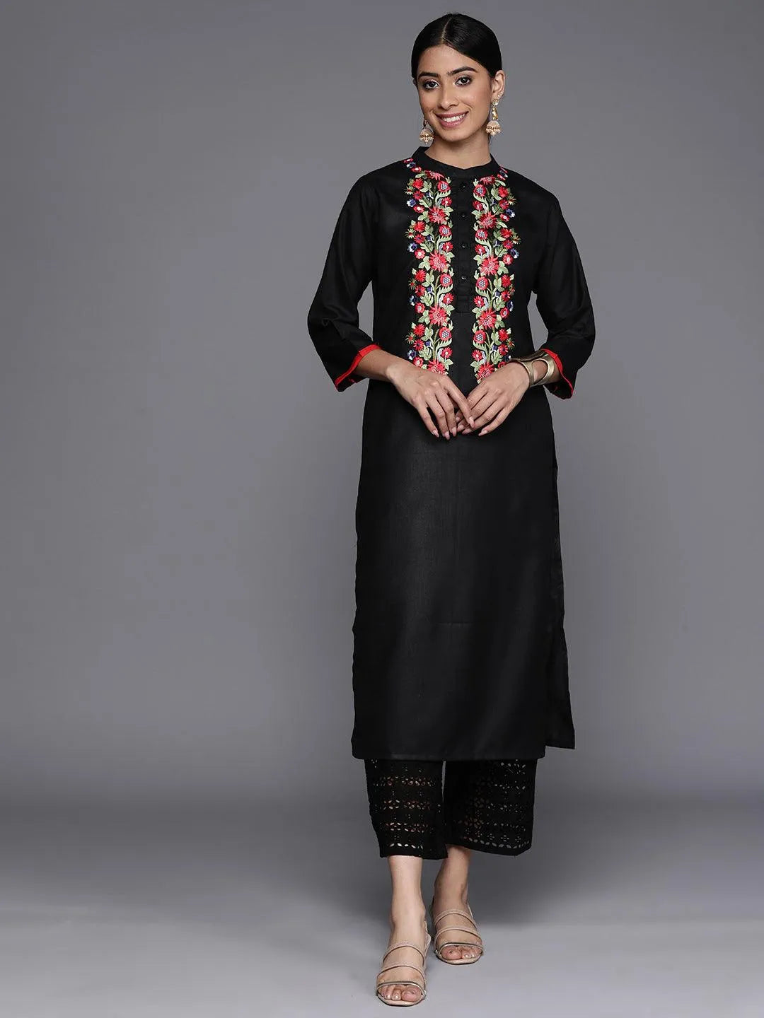 Black Embroidered Cotton Straight Kurta - Libas