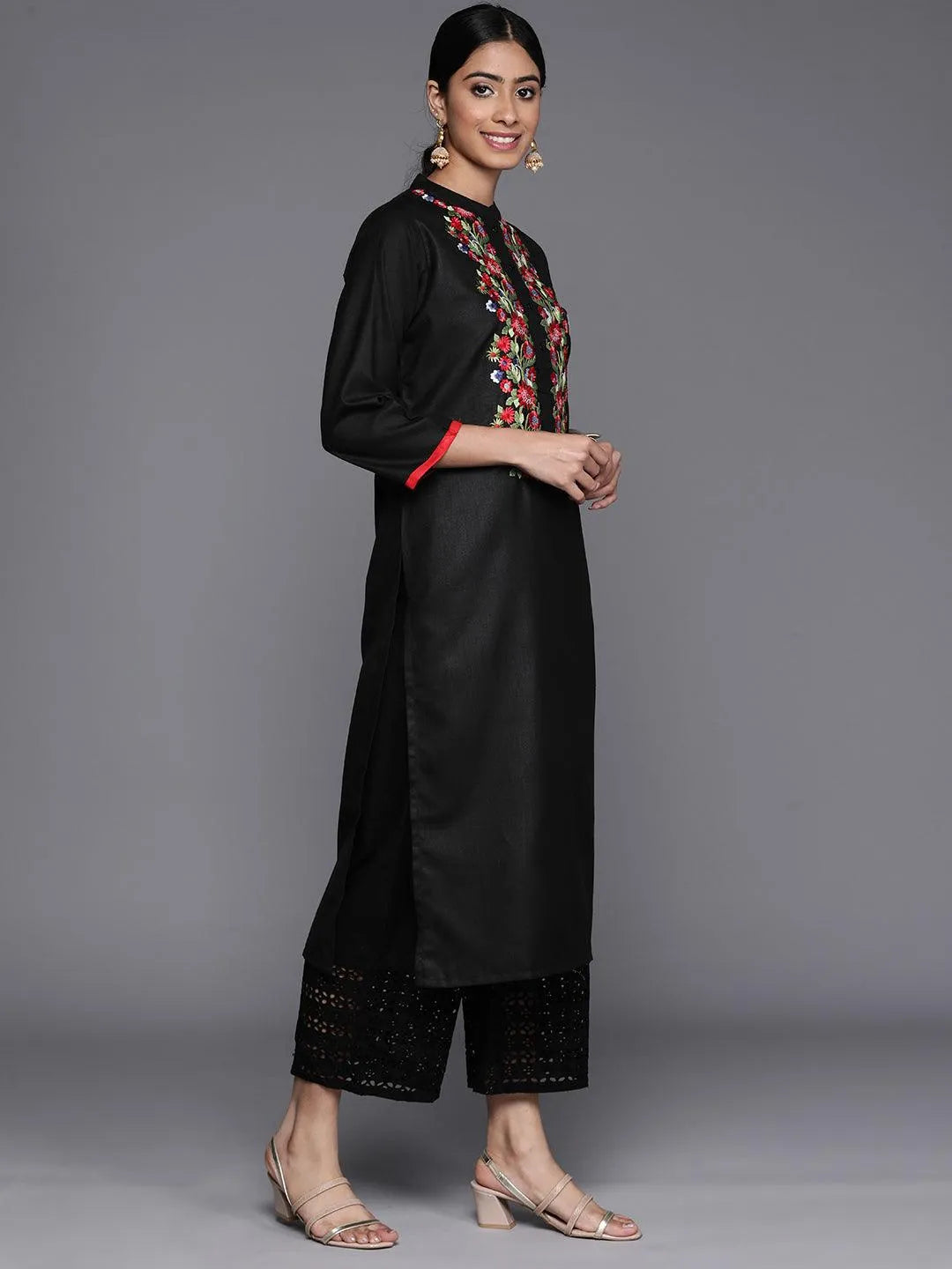 Black Embroidered Cotton Straight Kurta - Libas 