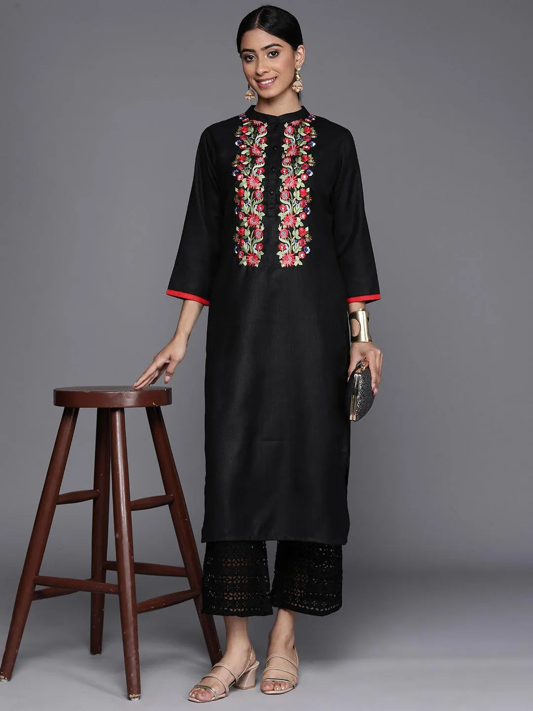 Black Embroidered Cotton Straight Kurta - Libas 