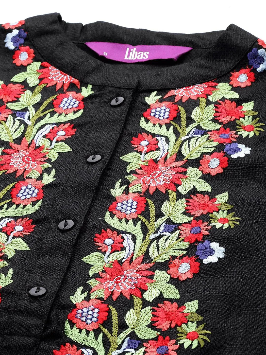 Black Embroidered Cotton Straight Kurta - Libas 