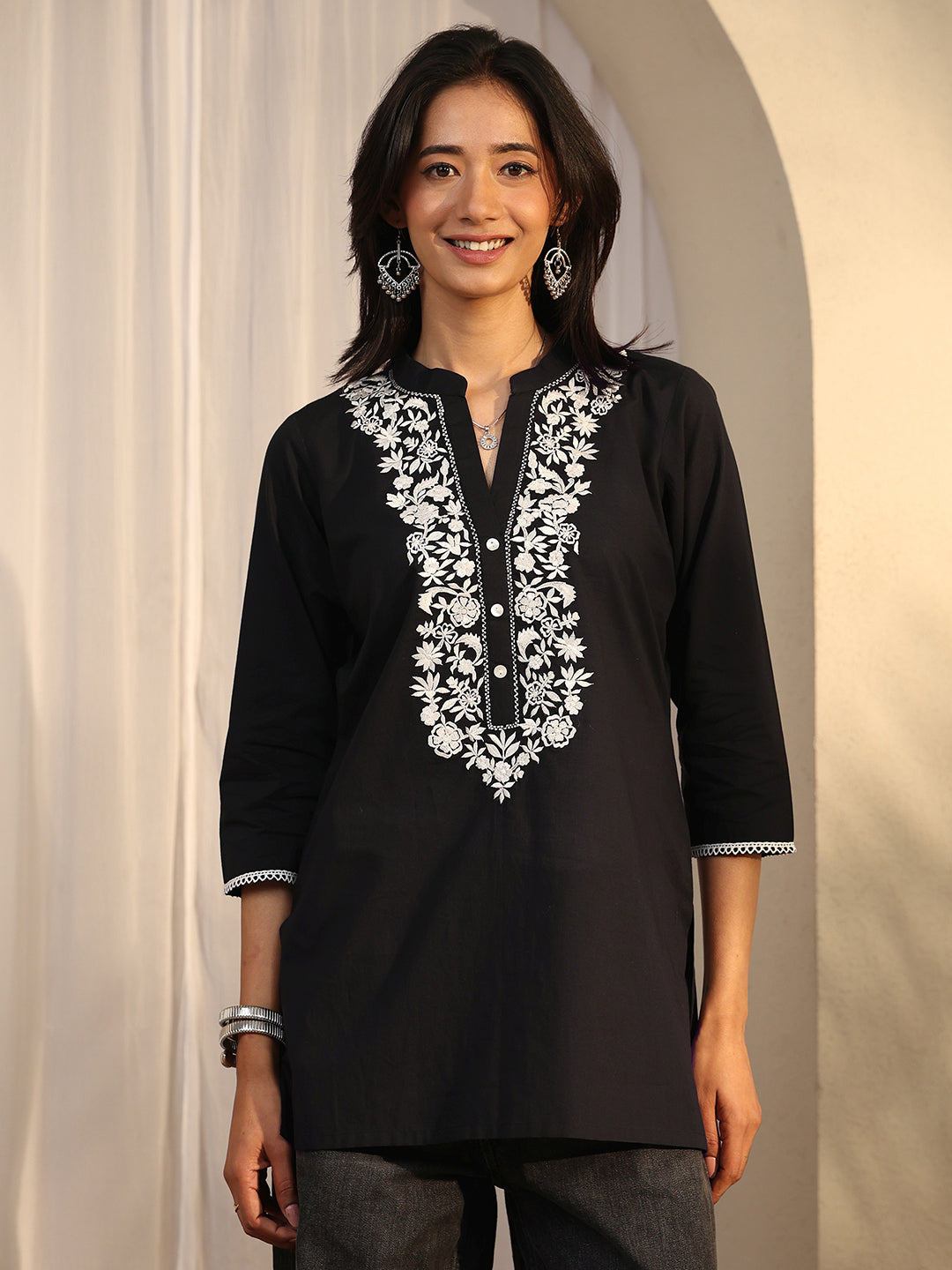libas Black Embroidered Cotton Straight Short Kurti-picture-17