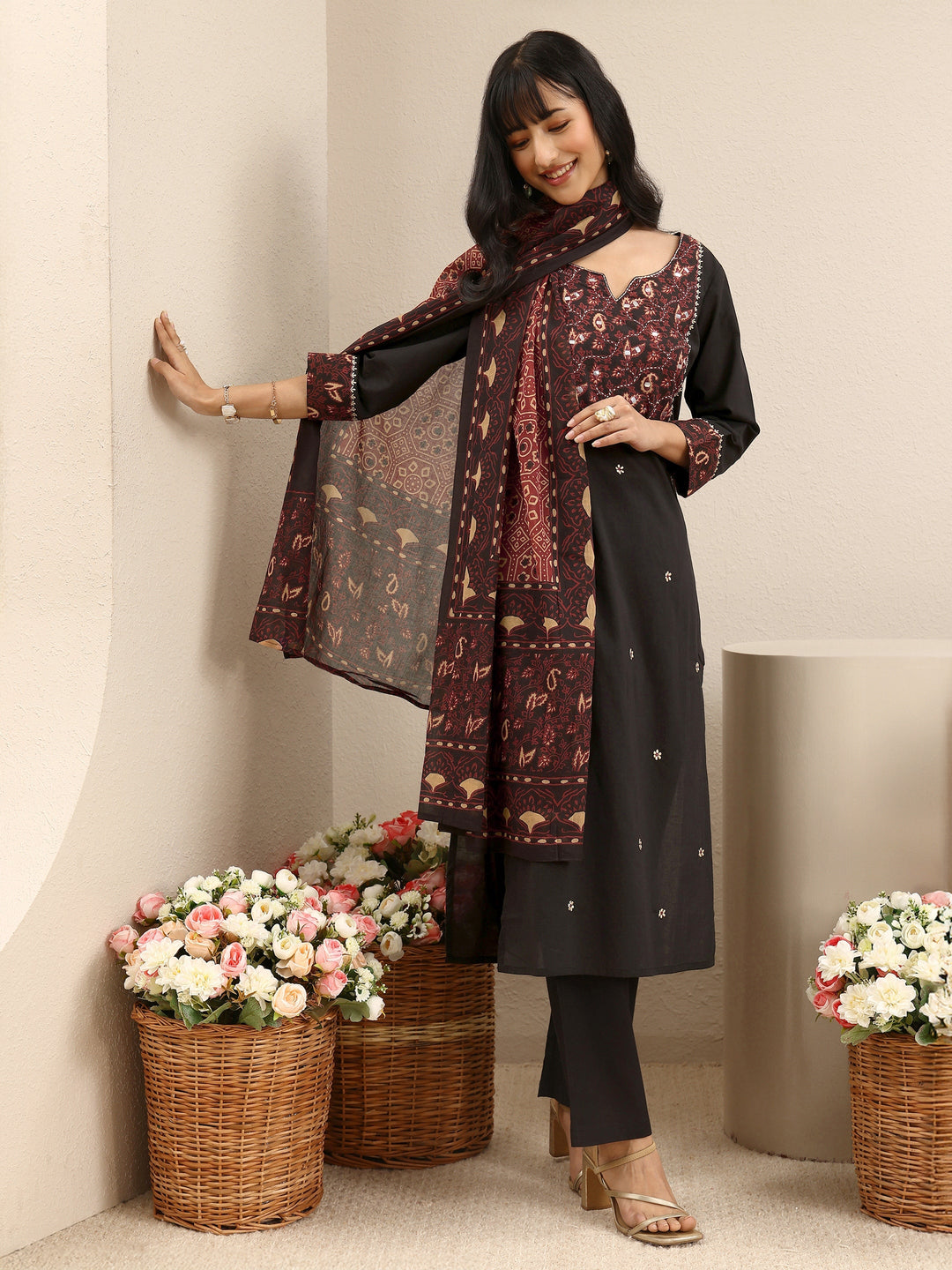 Black Embroidered Cotton Straight Suit Set With Dupatta