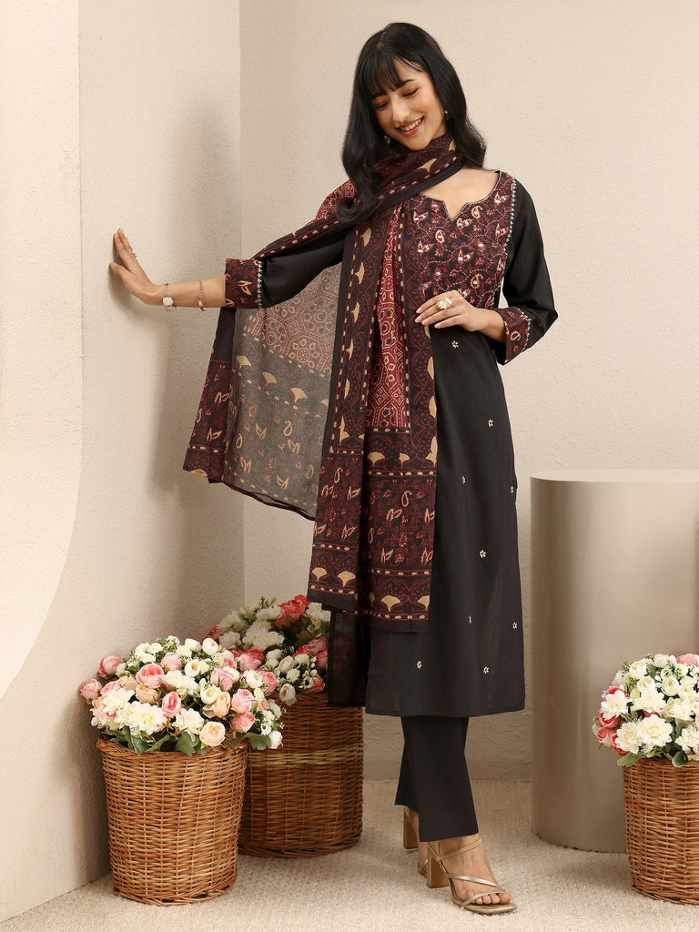 Libas Black Embroidered Cotton Straight Suit Set With Dupatta