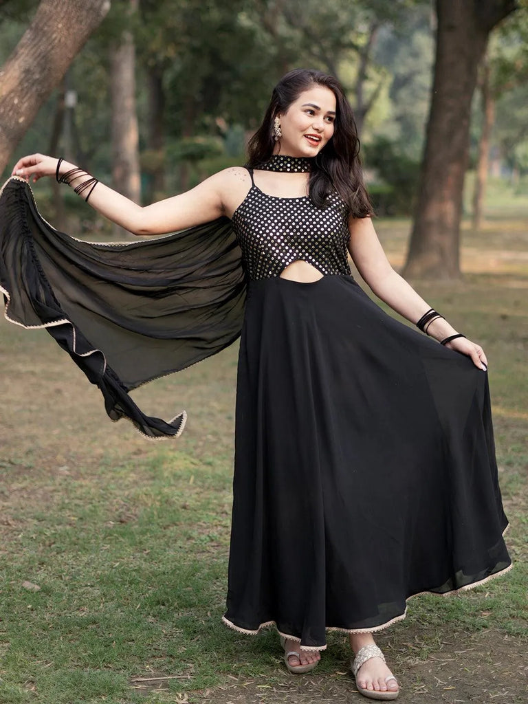 Libas Black Embroidered Georgette A-Line Kurta With Trousers & Dupatta