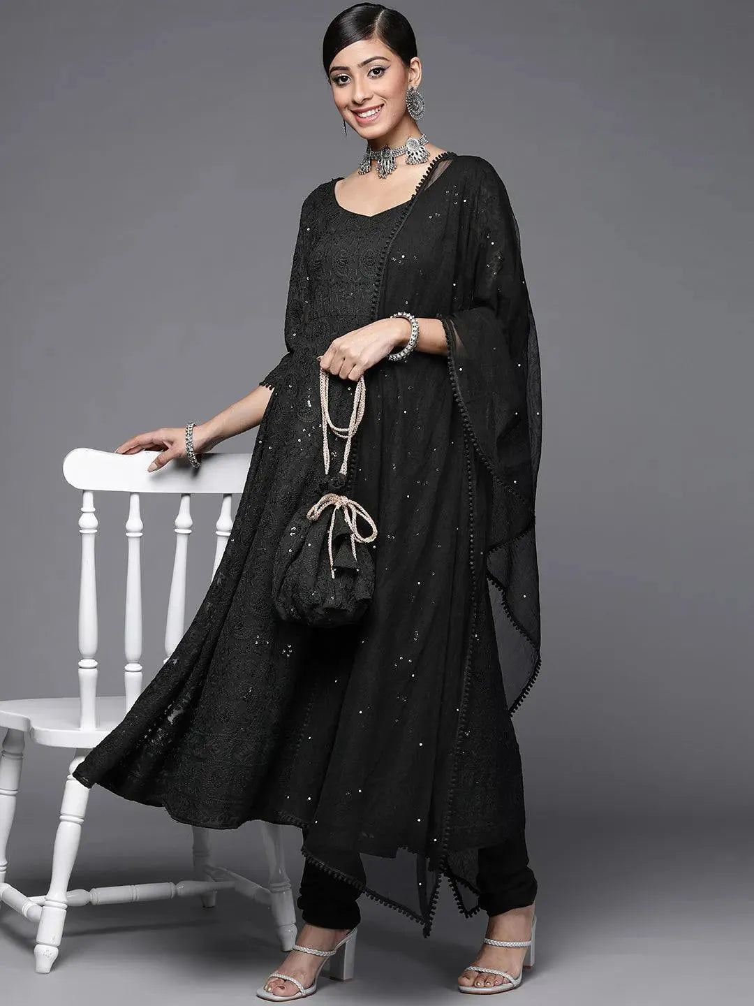 Black Embroidered Georgette Anarkali Suit Set - Libas