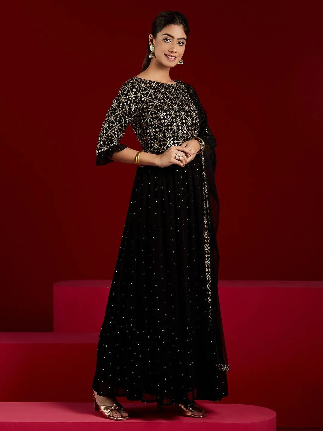Black Embroidered Georgette Anarkali Kurta With Trousers & Dupatta - Libas 