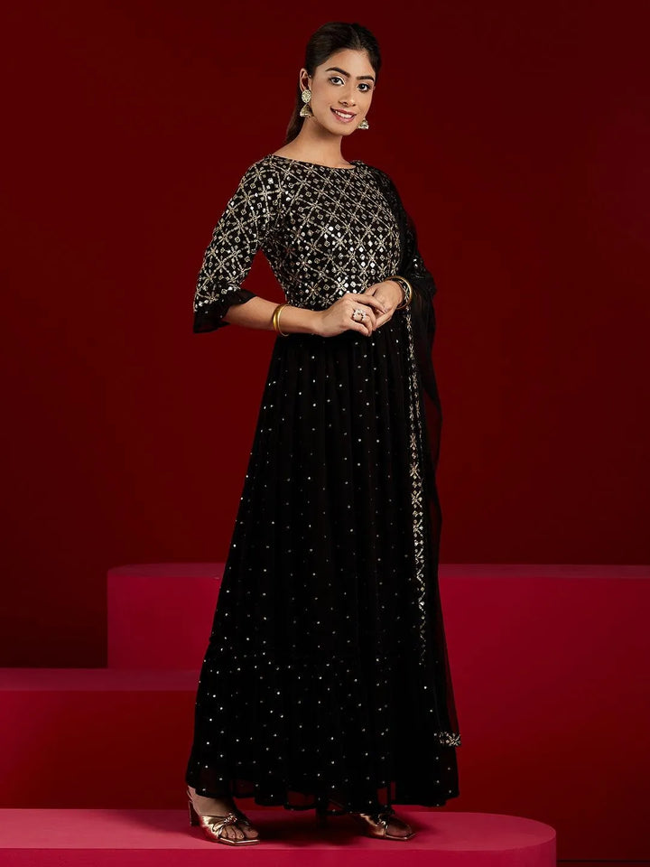 Black Embroidered Georgette Anarkali Kurta With Trousers & Dupatta - Libas