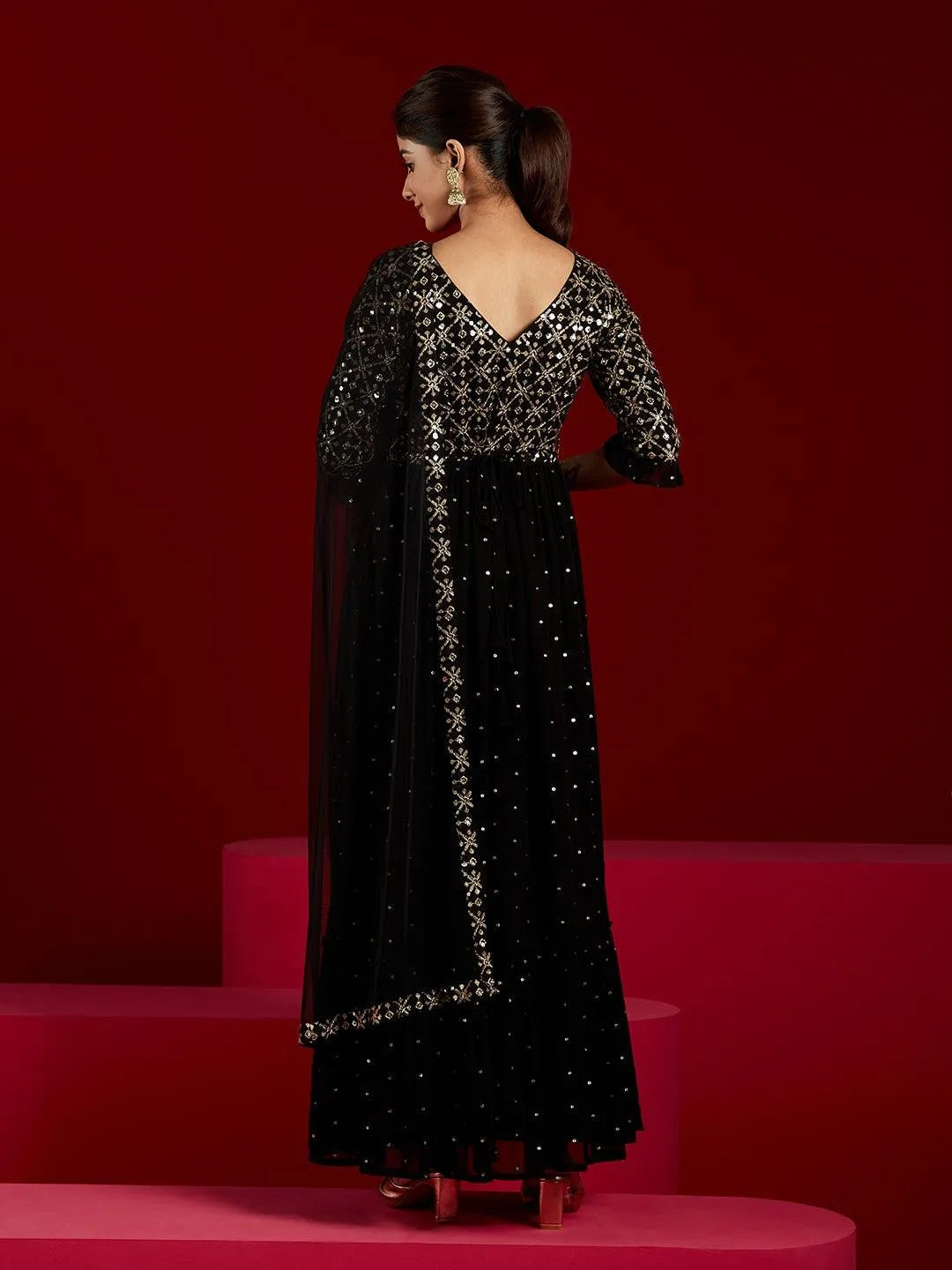 Black Embroidered Georgette Anarkali Kurta With Trousers & Dupatta - Libas 