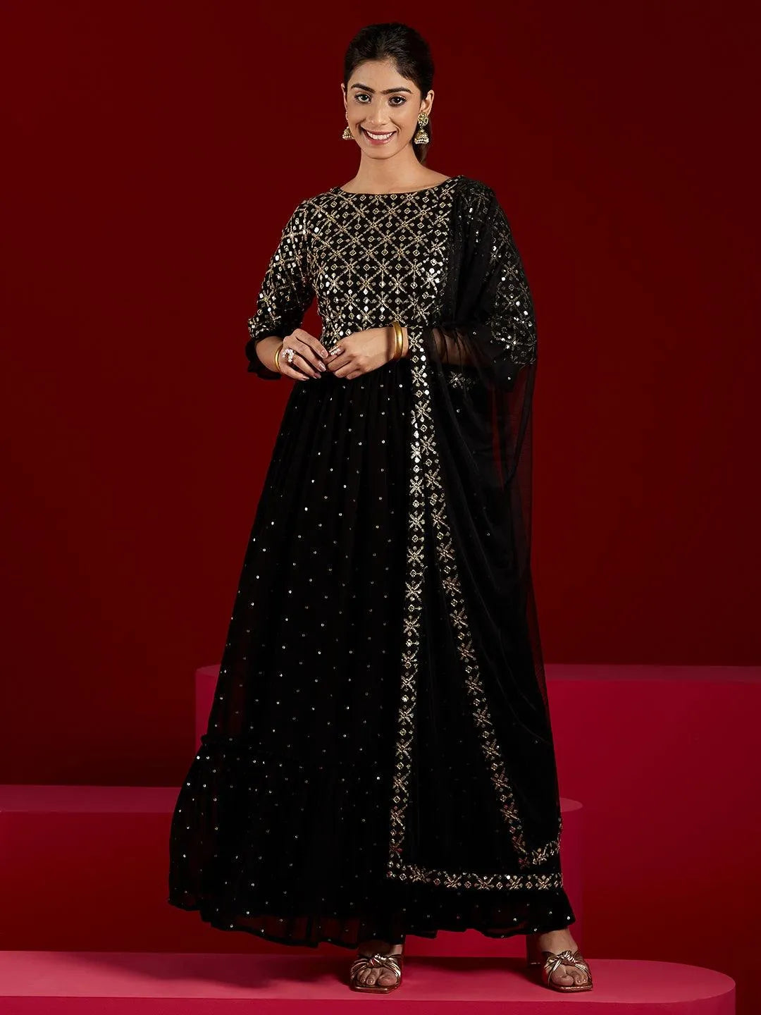 Black Embroidered Georgette Anarkali Kurta With Trousers & Dupatta - Libas 