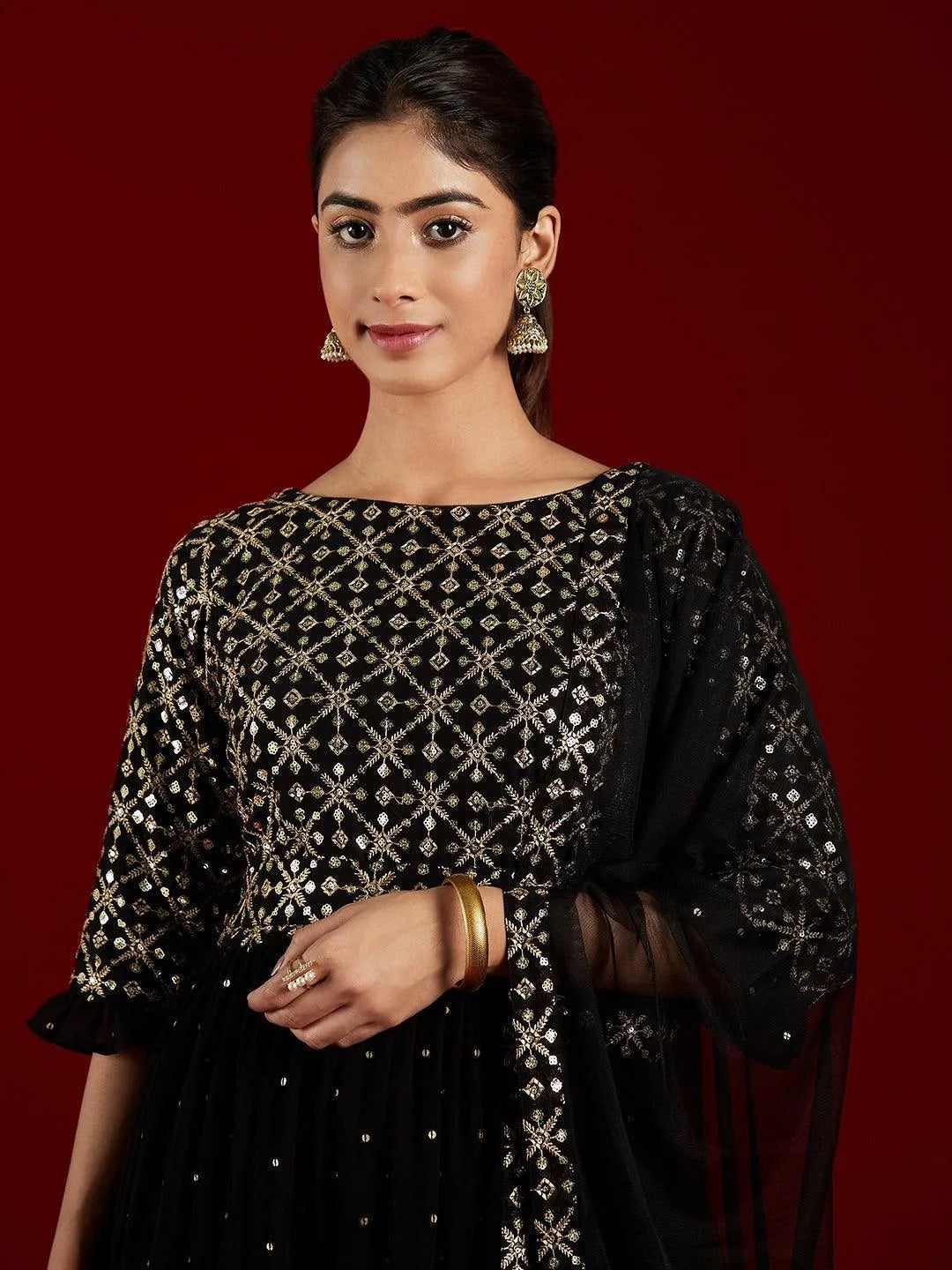 Black Embroidered Georgette Anarkali Kurta With Trousers & Dupatta - Libas 