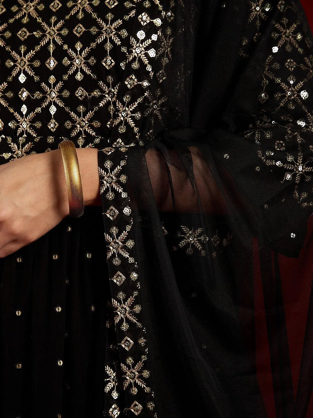 Black Embroidered Georgette Anarkali Kurta With Trousers & Dupatta - Libas 