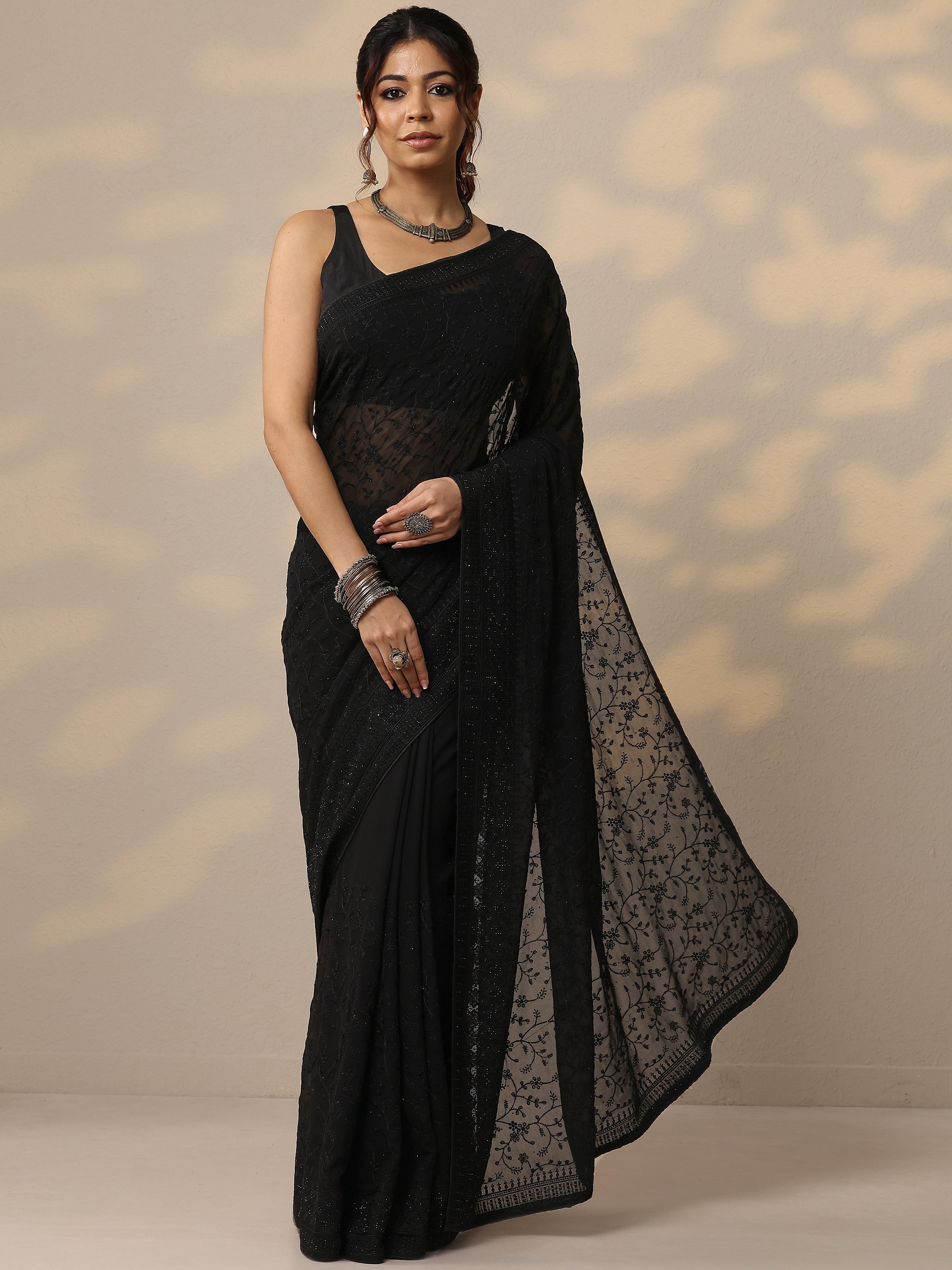 libas Black Embroidered Georgette Sarees With Unstitched Blouse Piece-picture-28