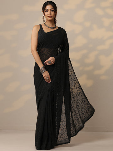 Black Embroidered Georgette Sarees With Unstitched Blouse Piece
