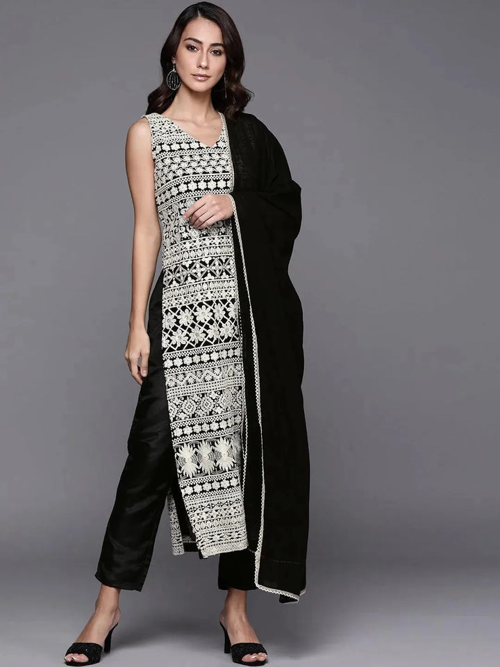 Black Embroidered Poly Georgette Suit Set - Libas