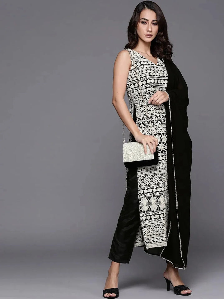 Black Embroidered Poly Georgette Suit Set - Libas