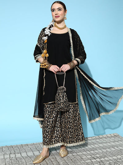 Black Embroidered Georgette Straight Suit Set With Palazzos and Potli - Libas