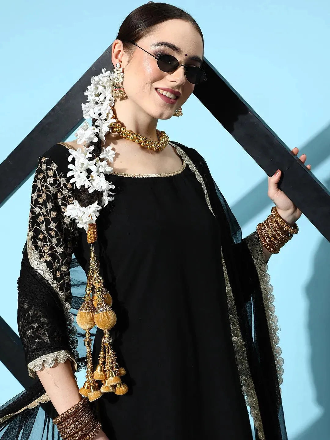 Black Embroidered Georgette Straight Suit Set With Palazzos and Potli - Libas 