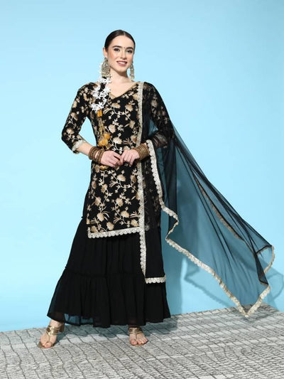 Black Embroidered Georgette Straight Suit Set With Sharara and Potli - Libas