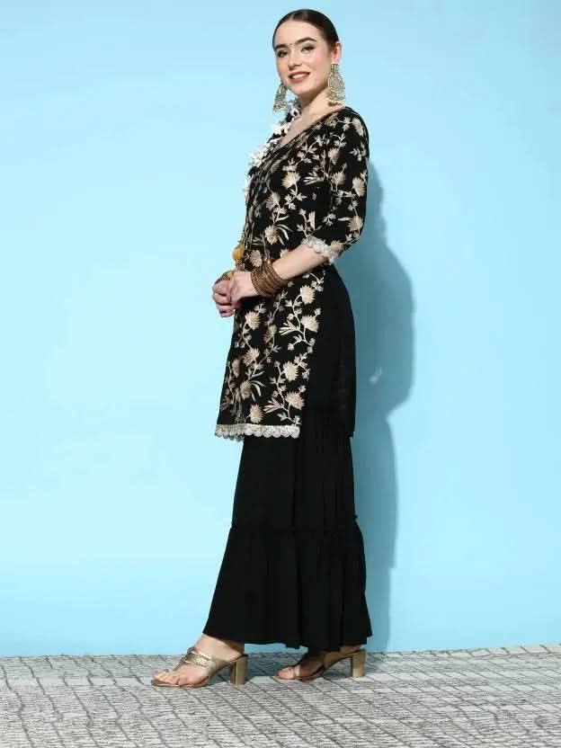 Black Embroidered Georgette Straight Suit Set With Sharara and Potli - Libas 
