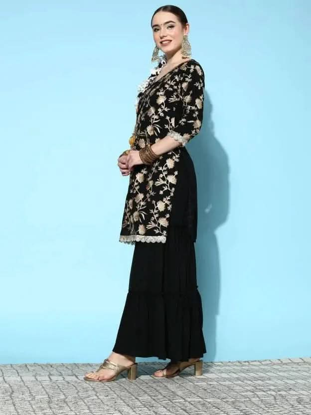 Black Embroidered Georgette Straight Suit Set With Sharara and Potli - Libas