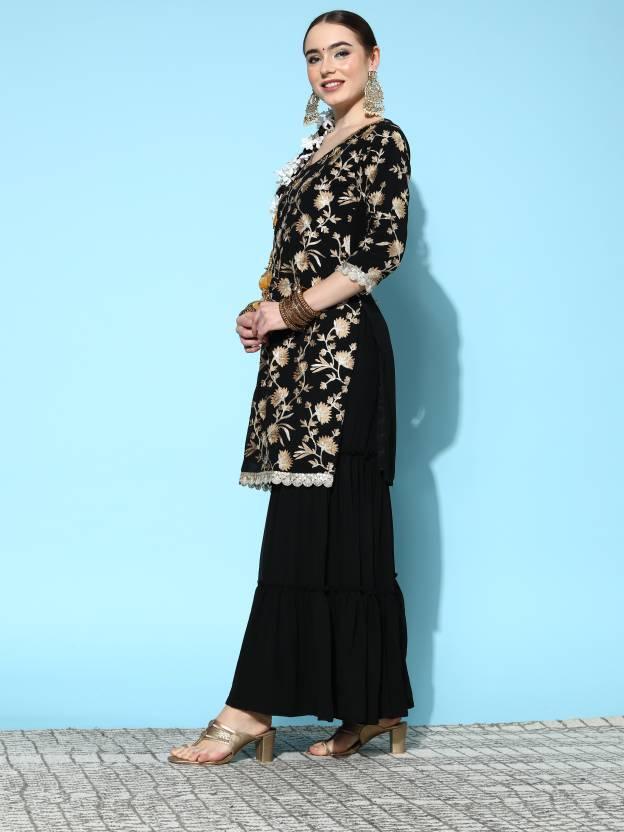 Black Embroidered Georgette Straight Suit Set With Sharara and Potli - Libas