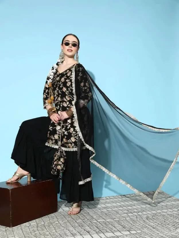 Black Embroidered Georgette Straight Suit Set With Sharara and Potli - Libas 
