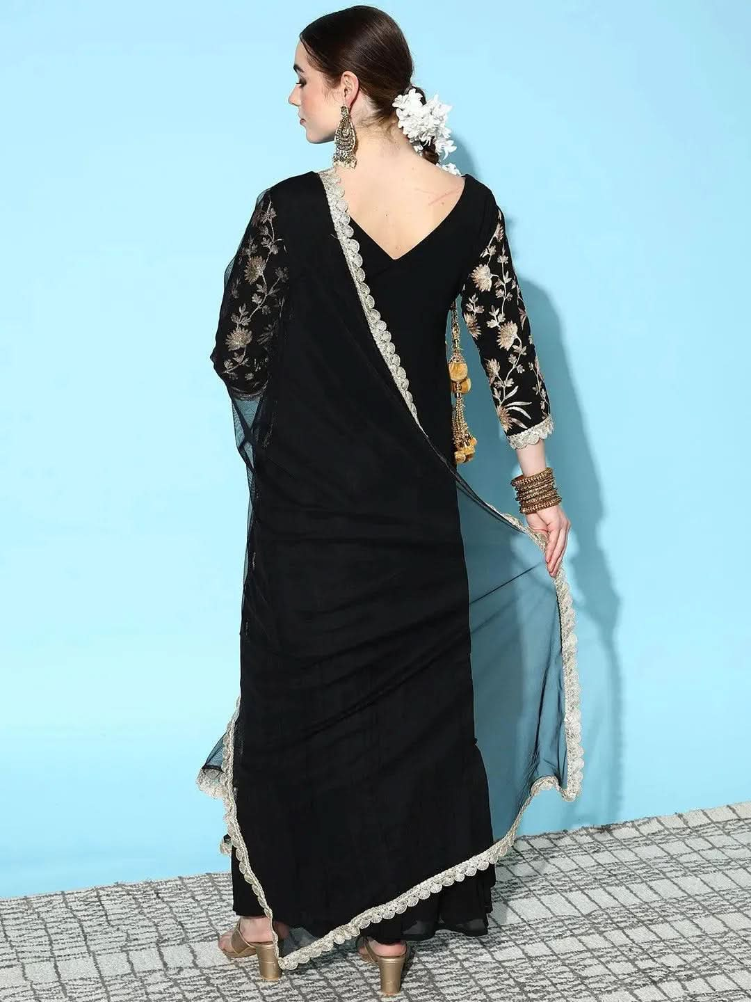 Black Embroidered Georgette Straight Suit Set With Sharara and Potli - Libas