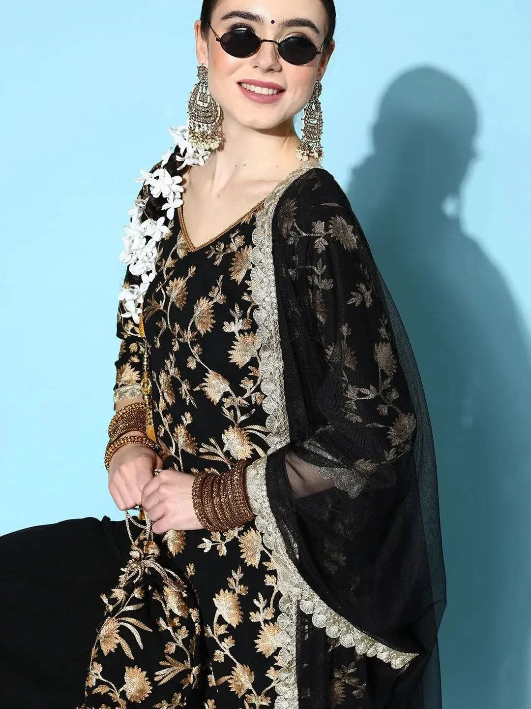 Black Embroidered Georgette Straight Suit Set With Sharara and Potli - Libas