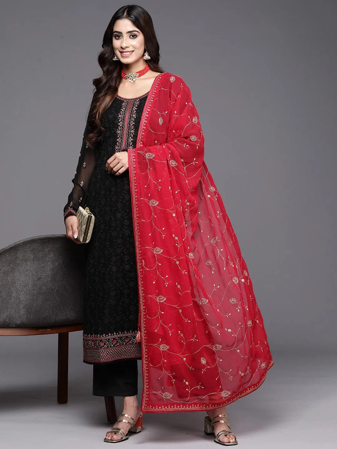 Black Embroidered Georgette Straight Kurta With Trousers & Dupatta - Libas