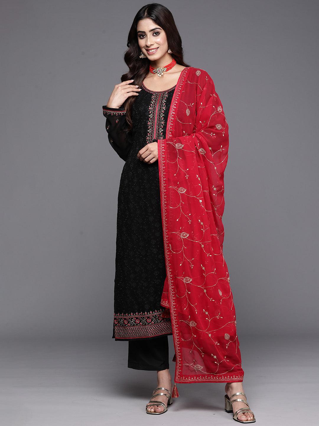 Yellow Embroidered Georgette Straight Kurta With Trousers & Dupatta