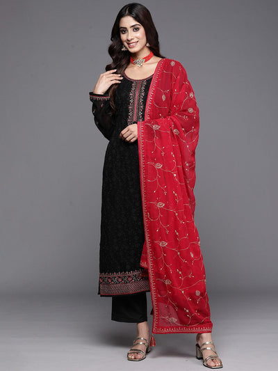 Black Embroidered Georgette Straight Kurta With Trousers & Dupatta - Libas