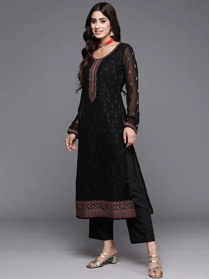 Black Embroidered Georgette Straight Kurta With Trousers & Dupatta - Libas