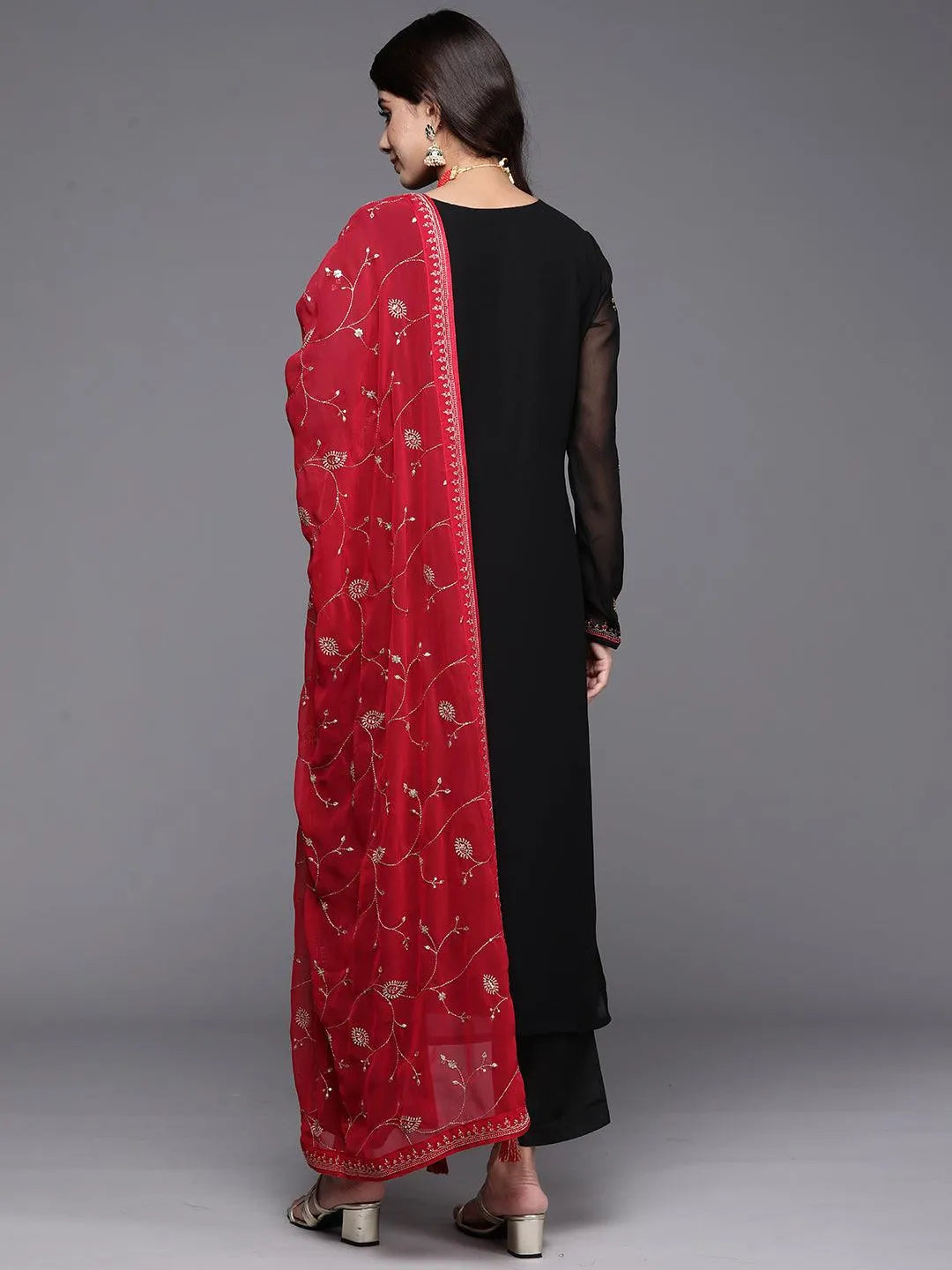 Black Embroidered Georgette Straight Kurta With Trousers & Dupatta - Libas