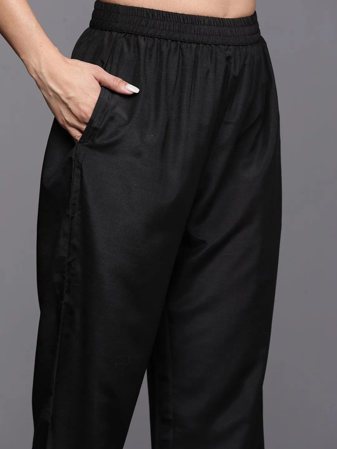 Black Embroidered Georgette Straight Kurta With Trousers & Dupatta - Libas 