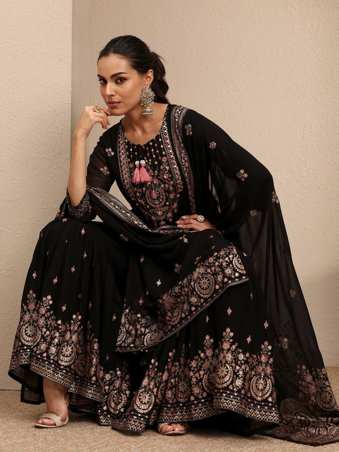 Black Embroidered Georgette Straight Sharara Suit Set With Dupatta