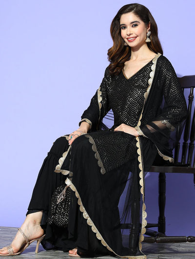 Black Embroidered Georgette Straight Sharara Suit Set With Dupatta - Libas