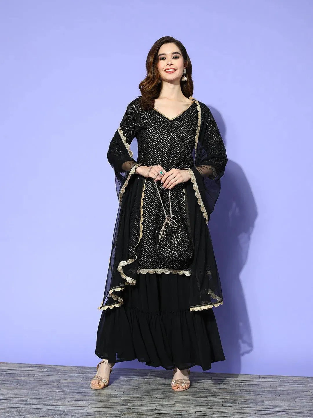 Black Embroidered Georgette Straight Sharara Suit Set - Libas 