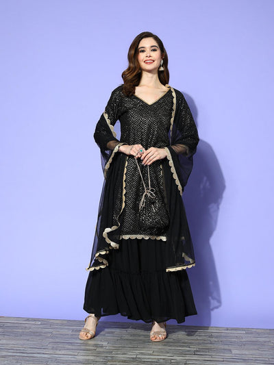 Black Embroidered Georgette Straight Sharara Suit Set - Libas