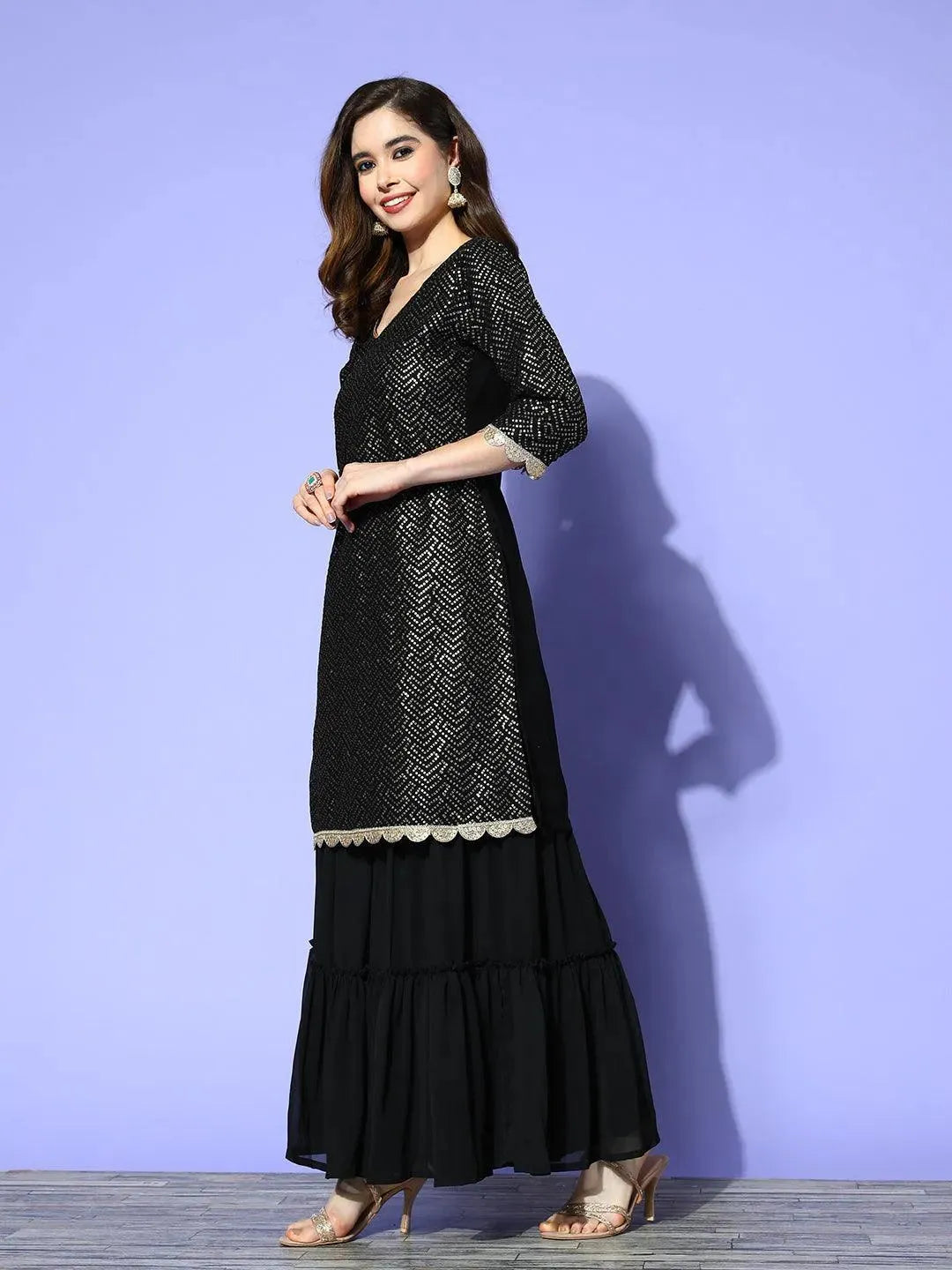 Black Embroidered Georgette Straight Sharara Suit Set - Libas 