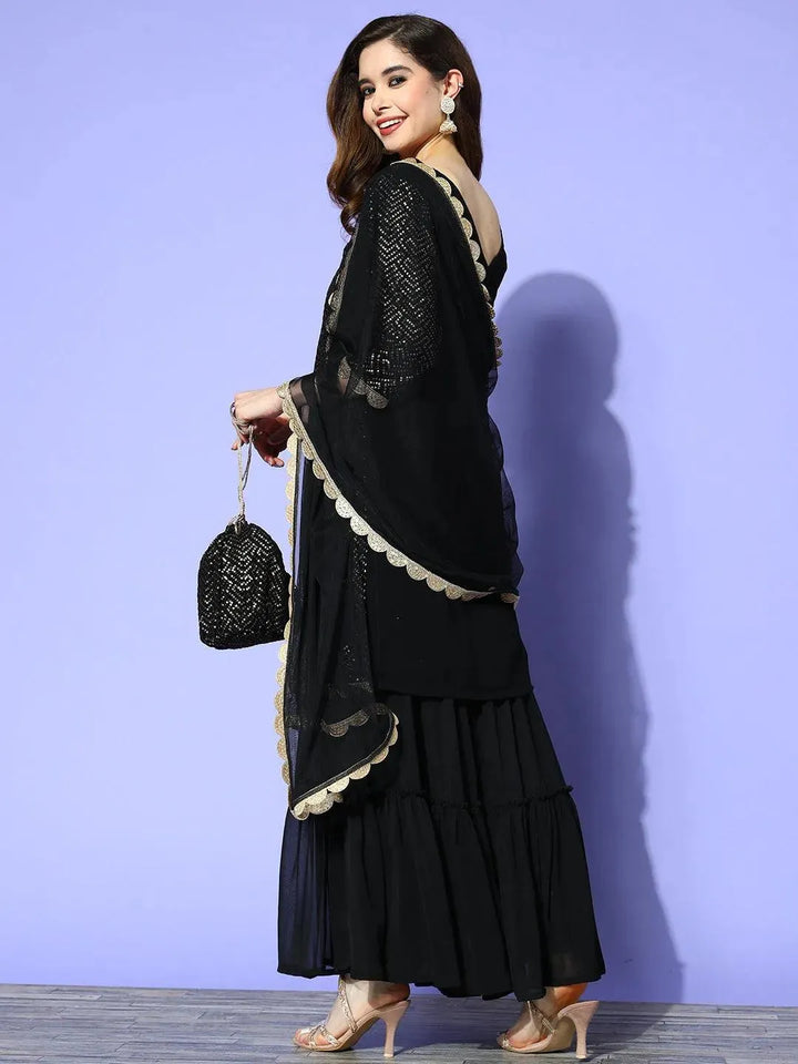 Black Embroidered Georgette Straight Sharara Suit Set With Dupatta - Libas