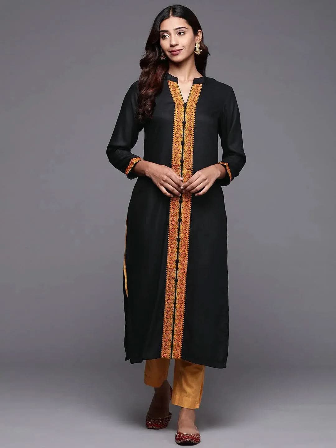Black Embroidered Pashmina Wool Straight Kurta - Libas
