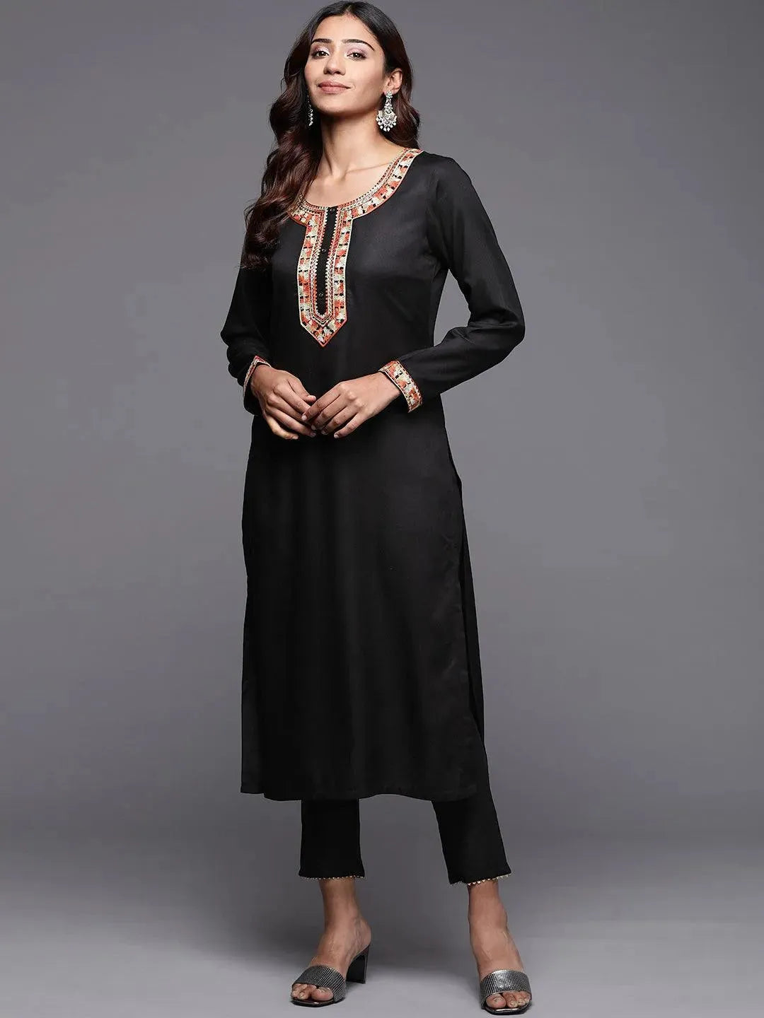 Black Embroidered Pashmina Wool Straight Kurta - Libas