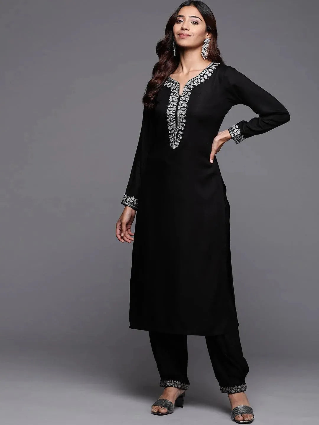 Black Embroidered Pashmina Wool Straight Kurta - Libas