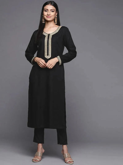 Black Embroidered Pashmina Wool Straight Kurta - Libas