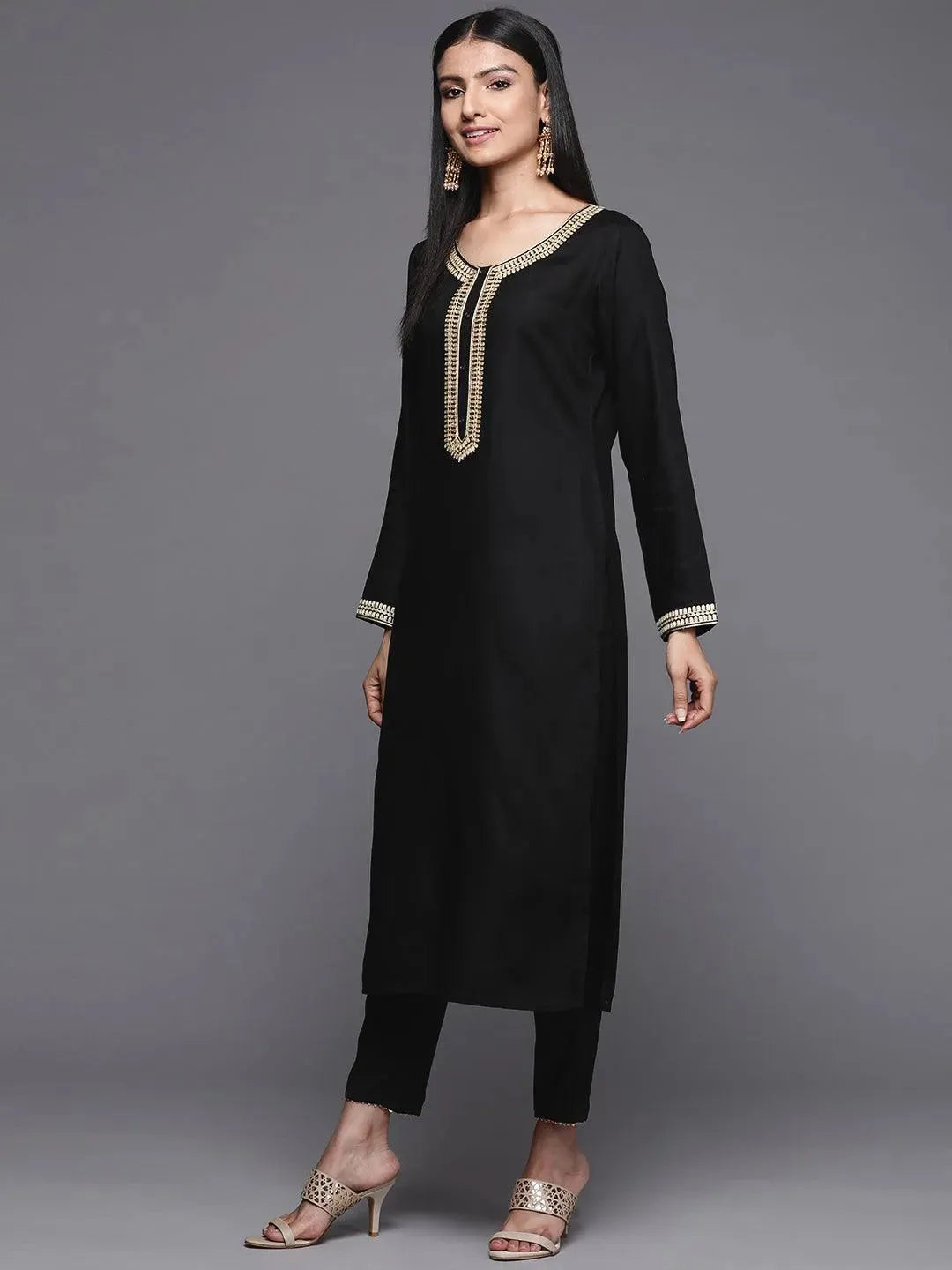 Black Embroidered Pashmina Wool Straight Kurta - Libas 