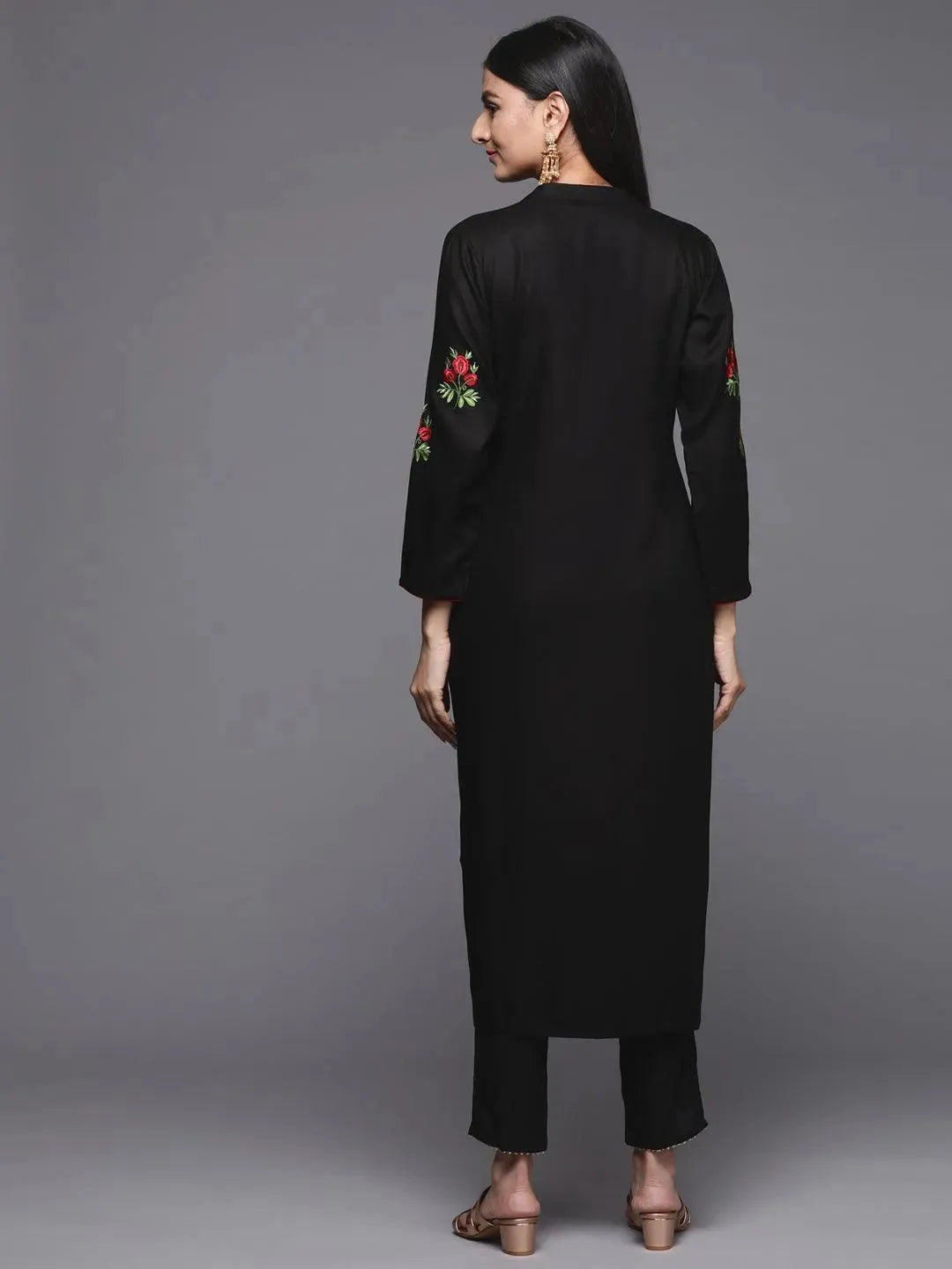 Black Embroidered Pashmina Wool Straight Kurta - Libas 