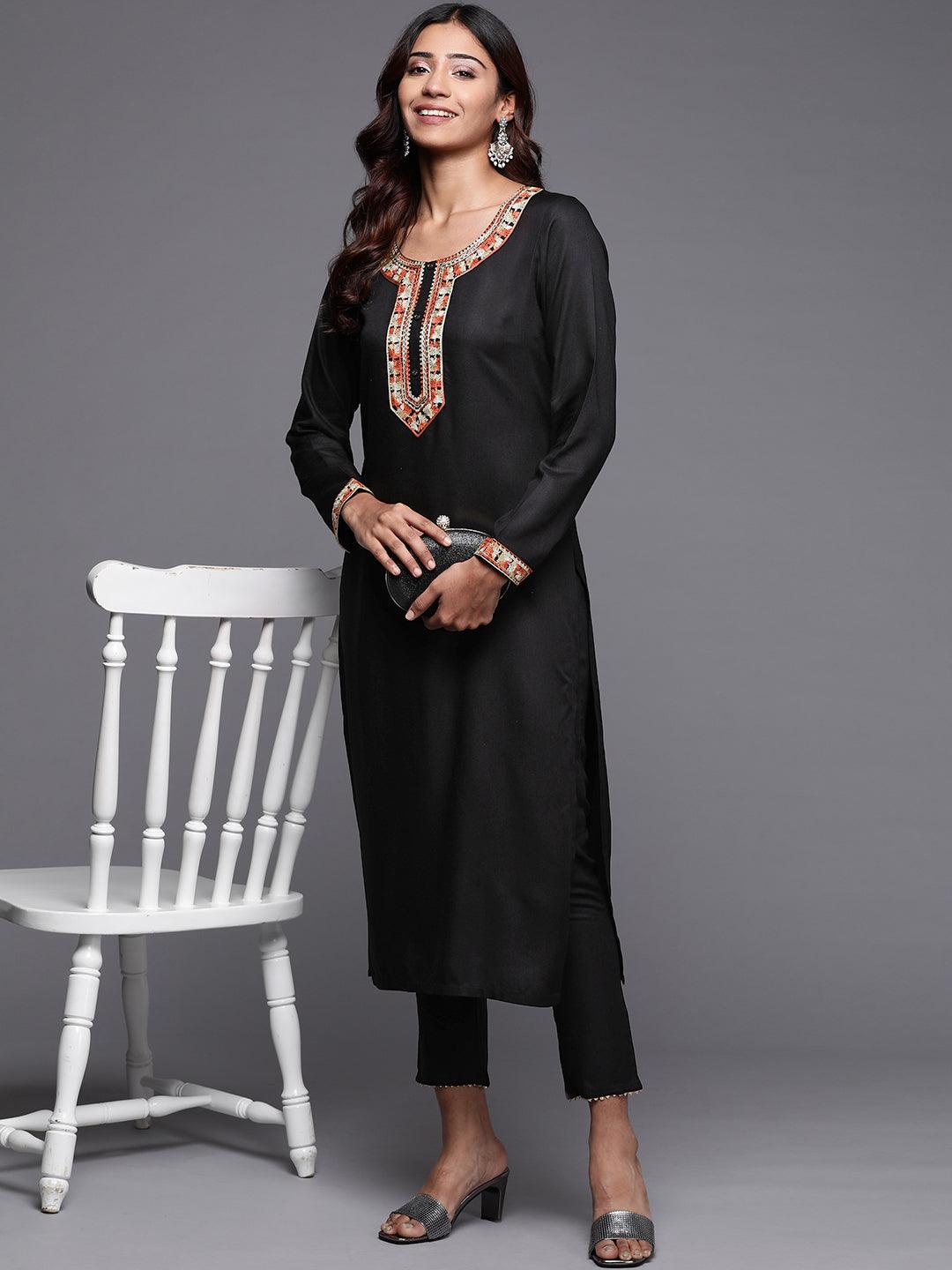Black Embroidered Pashmina Wool Straight Kurta