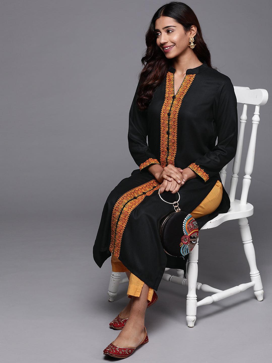 Black Embroidered Pashmina Wool Straight Kurta - Libas