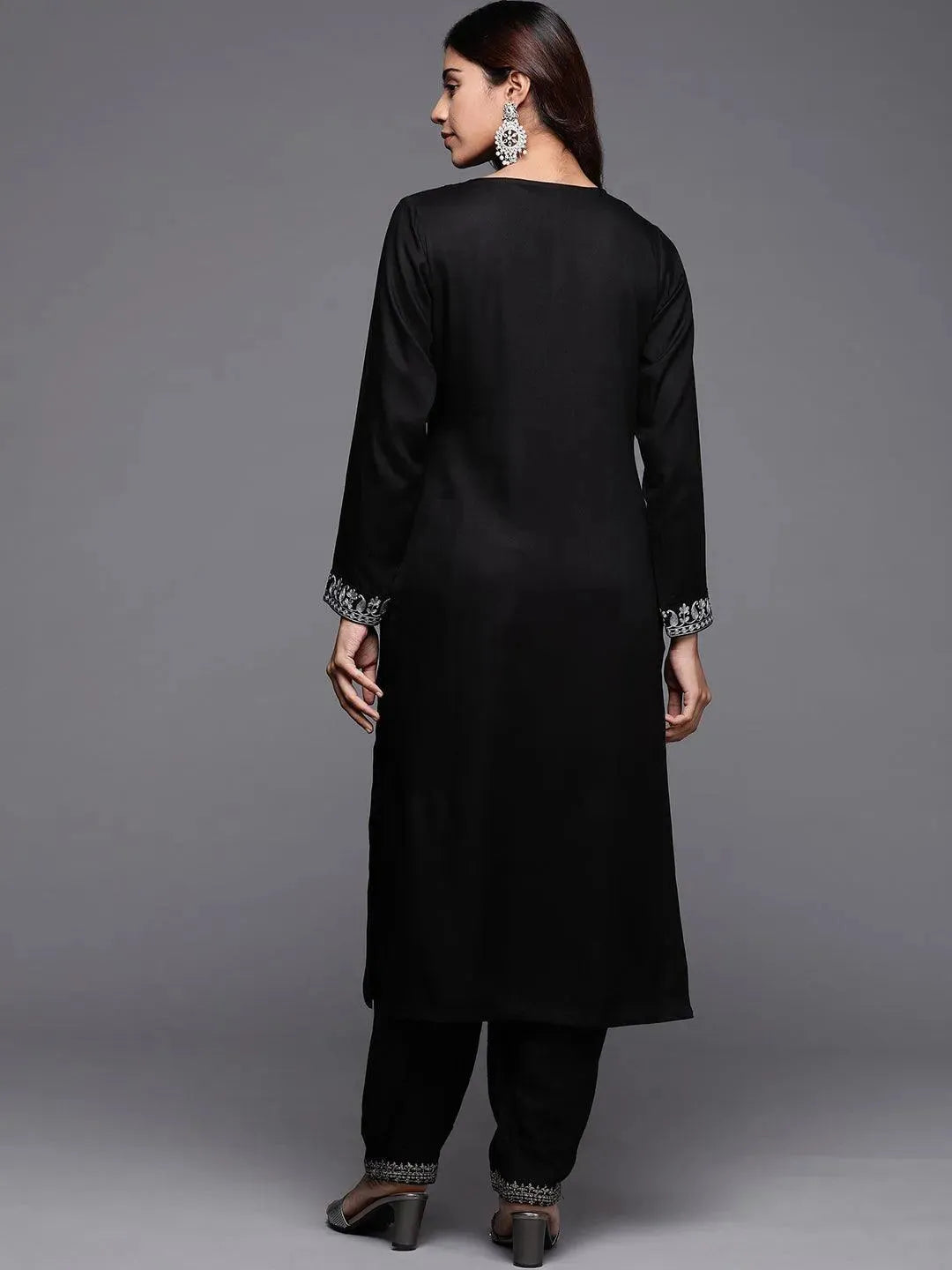 Black Embroidered Pashmina Wool Straight Kurta - Libas 