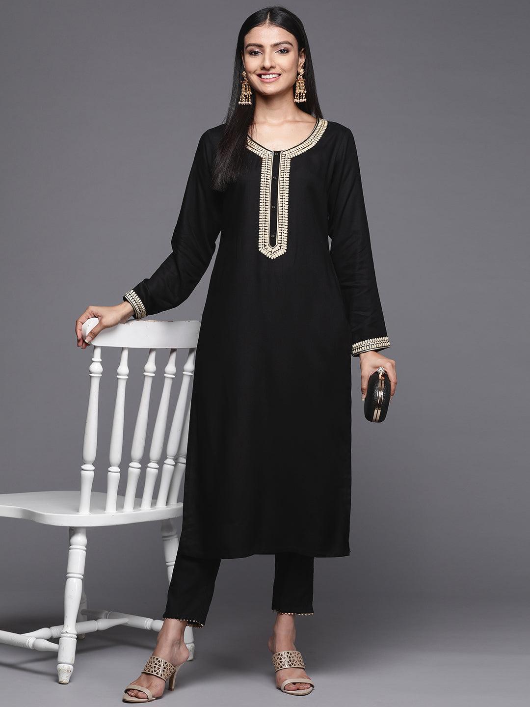 Black Embroidered Pashmina Wool Straight Kurta - Libas